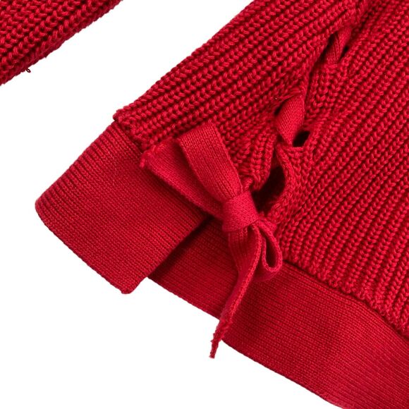 LOFT Women's Red Cable-Knit Long Sleeve Lace Up Tie Slit Pullover Sweater Size S - Picture 4 of 14